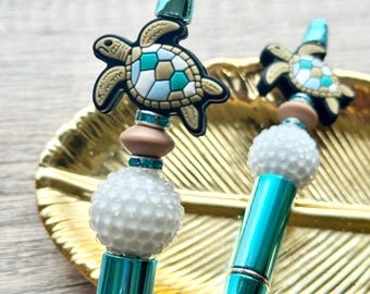 Sea Turtle Beaded Ink Pen, Ocean Theme Gift, Coastal Stationery, Beach Lover Gift, Journaling Gift, Aquarium Party Favor
