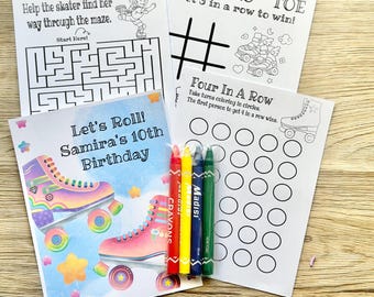 May include: A set of activity sheets for a 10th birthday party featuring a maze, tic-tac-toe, and a four-in-a-row game. The sheets include roller skate graphics and the text Let's Roll! Samira's 10th Birthday. Four crayons are included in a clear bag.