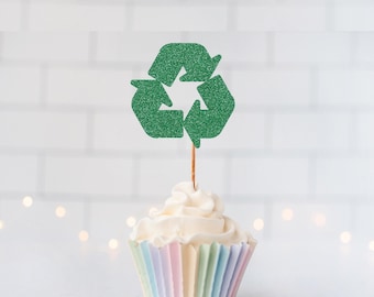Glitter Recycling Symbol Cupcake Toppers, Earth Day Party Decor, Go Green Decorations, Eco Party, Recycle Theme Birthday, Environmental