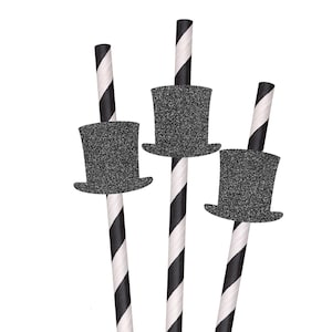 Glitter Top Hat Party Straws - 10ct, Magic Theme, Formal, Magician Decor, Vintage Style, Black Tie, Gentleman's Hat, Dapper Theme, Prom