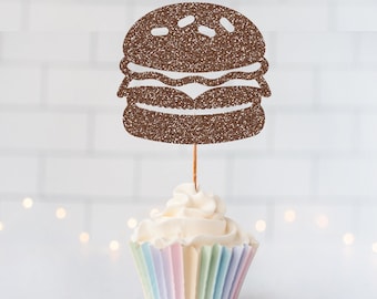 Glitter Hamburger Cupcake Toppers, BBQ Party, Backyard Cookout, Picnic Party, Summer Birthday, Fast Food Party, Retro Diner, Cheeseburger
