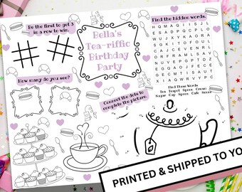 Personalized Tea Time Coloring & Activity Sheet, Printed and Shipped, Party Coloring Pages, Printed Activity Placements, Party Activities