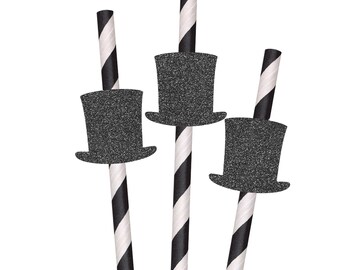 May include: Three drinking straws featuring a black and white diagonal striped pattern. Each straw is adorned with a black glittery top hat cutout attached to the upper portion of the straw, creating a decorative element for beverage service.