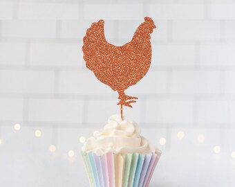 READY TO SHIP Glitter Chicken Cupcake Toppers, Farm Animal Toppers, Farm Party, Chicken Birthday, Cluck and Moo, Cock A Doodle, Chickens