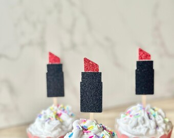 READY TO SHIP Glitter Lipstick Cupcake Toppers, Makeup Party, Glam Decor, Bachelorette Party, Beauty Theme, Girls Night, Birthday Decor