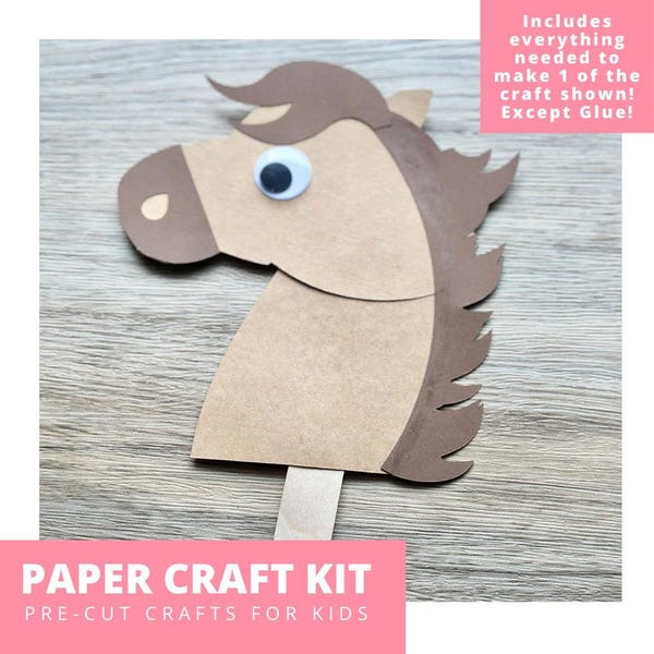 Horse Stick Puppet Paper Craft Kit, Horse Arts & Crafts Kit For Kids, Horse Craft Kit, Farm Party Favor, Pre-Cut Crafts, Diy Craft Kit