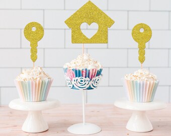 READY TO SHIP Glitter Housewarming Cupcake Toppers, New Home Party Decor, Realtor Celebration, Housewarming, Moving Party, Real Estate