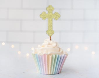 Glitter Baptism Cross Cupcake Toppers, Glitter Cupcake Toppers, Glitter Cake Topper, Glitter Party Decor, Event Decor