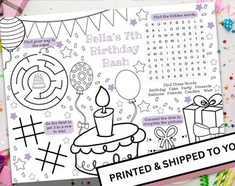 Personalized Birthday Coloring & Activity Sheet, Printed and Shipped, Party Coloring Pages, Printed Activity Placements, Party Activities