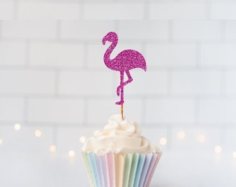 READY TO SHIP Glitter Flamingo Cupcake Toppers, Tropical Party, Luau Decor, Summer Birthday, Beach Theme, Pink Bird, Pool Party, Zoo Animals