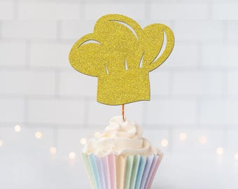 Glitter Chef Hat Cupcake Toppers, Glitter Cupcake Toppers, Glitter Cake Topper, Glitter Party Decor, Event Decor