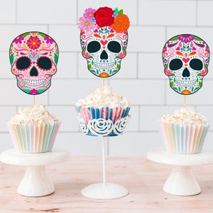 Décorations de cupcakes imprimées têtes de mort en sucre, décorations de cupcakes Dia de los muertos imprimés, décorations de fête imprimées le jour des morts, décoration d'événement