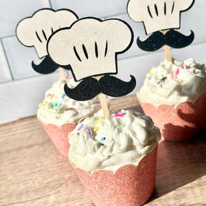 Glitter Chef Hat And Mustache Cupcake Toppers, Cooking Party Decor, Little Chef Birthday, Kitchen Theme, Baking Party, Foodie Celebration