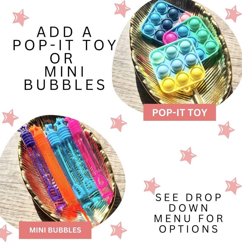 The image is a collage of two images, each featuring a gold bowl containing colorful bubbles and a pop-it toy. The text in the image provides instructions for adding a pop-it toy to a mini bubbles set, and encourages the viewer to see the drop down menu for options.