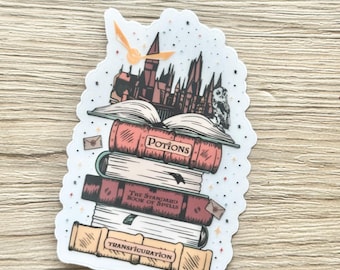 May include: A sticker featuring a stack of books with the titles "Potions", "The Standard Book of Spells", and "Transfiguration". The image includes a castle, an owl, and a golden snitch.
