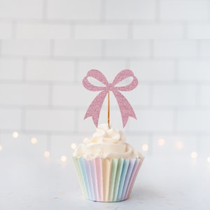 Glitter Fancy Bow Cupcake Toppers, Birthday Party Decor, Baby Shower, Coquette Bow, Girly Cupcakes, Pink Bow, Sparkle Party, Ribbon Bow