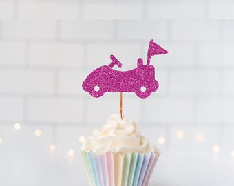 Glitter Go Kart Cupcake Toppers, Racing Party, Race Car Theme, Birthday Decor, Kids Party, Checkered Flag, Go Kart Decor, Fast Track