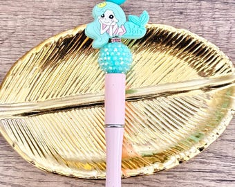 Mermaid Beaded Pen - Aqua Version, Ocean Mermaid Gift, Beach Lover Stationery, Seashell Writing Pen, Journaling Gift Idea