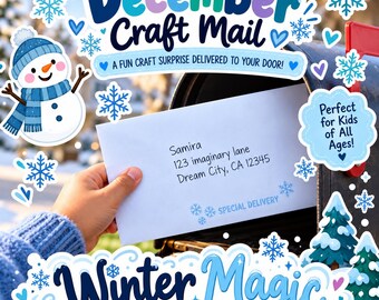 Winter Magic Kids Craft Mail, December Craft Mail For Kids, Kid Craft Post, Kids Snail Mail, Monthly Craft Mail, Letter Mail For Kids