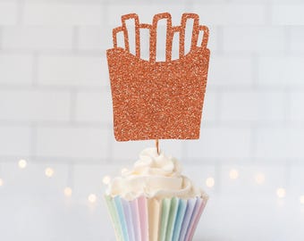 READY TO SHIP Glitter French Fries Cupcake Toppers, Fast Food, Fry Themed Birthday, Snack Bar, Retro Diner Party, Picnic Party, Junk Food