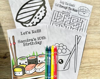 Personalized Sushi Coloring Kit Favors, Sushi Party Coloring Book Favors, Sushi Roll Coloring Packs, Sushi Party Favors