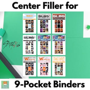 Puede incluir: Nueve insertos de tarjetas para carpetas de 9 bolsillos, con el texto "Center Filler for 9-Pocket Binders." Los insertos presentan varios diseños con el texto "SKZOO," "SLBS," "ULTRA MILK," y "WOWPASS." El fondo es verde.