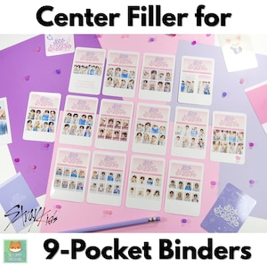 May include: Arrangement of photo cards with images of a musical group, designed as center fillers for 9-pocket binders. The cards are white with pink accents and a decorative emblem. The text "Center Filler for 9-Pocket Binders" is displayed.
