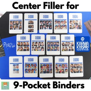 Puede incluir: Un conjunto de tarjetas blancas con fotos de un grupo musical, etiquetadas como "KOBMO" y "Stray Kids THE 4TH ALBUM". Las tarjetas están dispuestas sobre una superficie azul y negra, con el texto "Center Filler for 9-Pocket Binders" arriba y abajo.