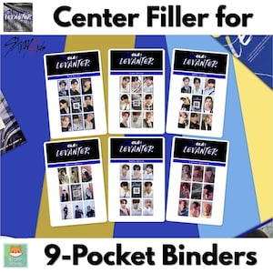 Puede incluir: Se muestran seis insertos de carpeta de 9 bolsillos con el texto "CLE: LEVANTER" e imágenes de un grupo musical. Cada inserto tiene un color de borde y una disposición de imágenes diferente. También se ve el texto "Center Filler for" y "9-Pocket Binders".