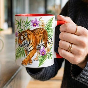 Tiger Orchid Mug, Jungle Ferns Tea Cup, Bamboo Cattleya Flower Tropical Botanical Wild Big Cat Gift Exotic Floral Sword Fern Purple Colorful