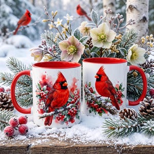 Mok met afbeelding van een noordelijke kardinaal en hulst, koffiemok met vogelmotief, wintercadeau voor natuurliefhebbers, cadeau voor vogelaars in de achtertuin, rode kerstmok, cadeau voor natuurliefhebbers