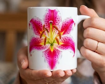 Roze lelie mok met sterrenmotief, koffiekopje met bloemenmotief, botanische mok, romantisch cadeau met tuinbloemen, gepersonaliseerd cadeau voor moeder, lerares, verpleegster, vriendin