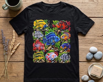 T-shirt met cichliden, kleurrijk aquarium T-shirt, T-shirt met tropische zoetwatervissen, Oscarvis cadeau, gepersonaliseerd cadeau voor moeder, lerares, verpleegkundige, vriendin