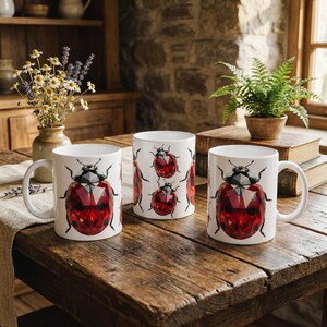 Crystal Ladybug Mug, Faceted Gemstone Insect Coffee Cup, Ruby Red Ladybird Tea Cup, Cute Bug Lover Gift, Gardener Birthday Sparkly Art