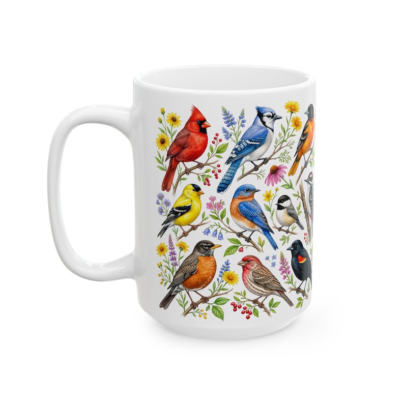 Taza de café con pájaros de jardín, aves cantoras norteamericanas, taza de té, cardenal, jilguero, arrendajo azul, petirrojo, arte floral, regalo para observadores de aves, decoración de primavera y verano imagen 7