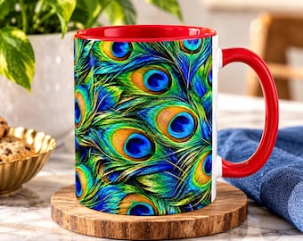 Mok met pauwenveer, kleurrijke koffiekop met vogelmotief, natuurdecoratie met vogelmotief, ideaal als cadeau voor mama, oma, lerares, verpleegster, vrouw of beste vriendin.
