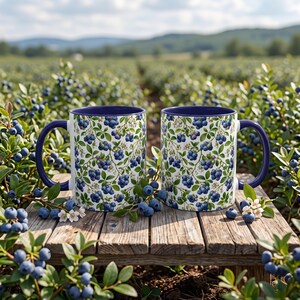May include: Two ceramic mugs with a dark blue interior and handle, featuring a repeating pattern of blue blueberries, green leaves, and small white flowers on a white background, resting on a weathered wooden surface in a blueberry field.