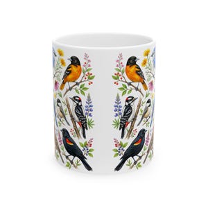 Taza de café con pájaros de jardín, aves cantoras norteamericanas, taza de té, cardenal, jilguero, arrendajo azul, petirrojo, arte floral, regalo para observadores de aves, decoración de primavera y verano imagen 9