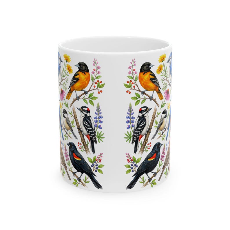 Taza de café con pájaros de jardín, aves cantoras norteamericanas, taza de té, cardenal, jilguero, arrendajo azul, petirrojo, arte floral, regalo para observadores de aves, decoración de primavera y verano imagen 9