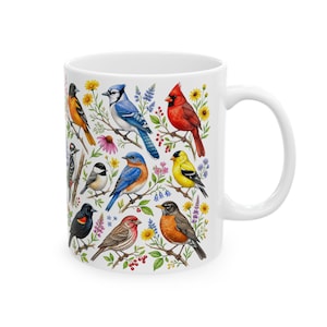 Taza de café con pájaros de jardín, aves cantoras norteamericanas, taza de té, cardenal, jilguero, arrendajo azul, petirrojo, arte floral, regalo para observadores de aves, decoración de primavera y verano imagen 6
