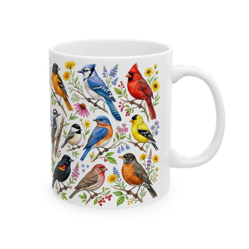 Taza de café con pájaros de jardín, aves cantoras norteamericanas, taza de té, cardenal, jilguero, arrendajo azul, petirrojo, arte floral, regalo para observadores de aves, decoración de primavera y verano imagen 6