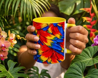 Kleurrijke koffiemok met papegaaienveren en scharlaken ara-motief, tropisch vogelpatroon, cadeau voor moeder, lerares, verpleegster, vrouw, zus, oma, beste vriendin.