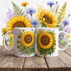 Caneca de café com girassol, xícara de chá floral botânica, utensílio de cozinha decorativo com flores em estilo cottagecore, presente fofo para amantes da natureza, caneca com estampa de planta de jardim de verão