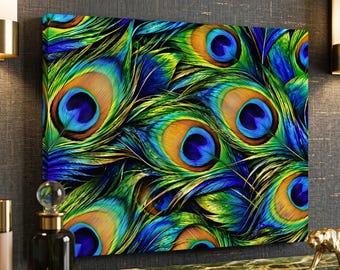 Peacock Feather Canvas Wall Art, Colorful Peacock Decor Blue Green Bird Nature Artwork, Boho Wildlife Wall Decor