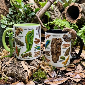 Puede incluir: Dos tazas de cerámica con ilustraciones detalladas de varias especies de geckos. La taza izquierda tiene asa y borde verde claro, la derecha tiene asa y borde negros. Ambas tazas muestran imágenes de geckos etiquetadas y una figura de gecko en 3D.