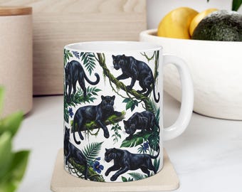 Black Panther Mug, Jungle Botanical Coffee Cup, Tropical Modern Home Decor Tea Mug, Big Cat Lover Gift, Watercolor Nature Cup, Wildlife Art