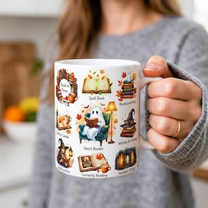 Halloween leesgrage mok, gezellige enge seizoen koffiekopje, ghost reader cadeau voor boekenliefhebber, aquarel herfst boekenwurm Merch, bibliothecaris cadeau