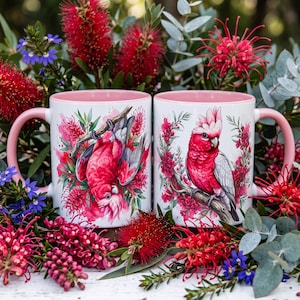 Papegoja Husdjur Fågelmugg Anpassad Rosa Blomma Kakadua Galah Kaffekopp, Vilda Djur Natur Gåva Dekor Fågelkonst, Boho Botanisk Blomsterälskare Gåva