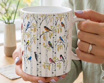 Spring Botanical Bird Mug Forest Tea Cup Birch Tree Modern Kitchen Decor Garden Lover Gift for Mom Woodland Songbird Nature Beauty Art Gift