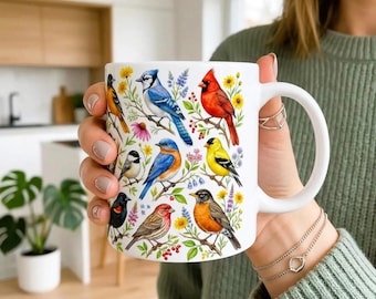 Koffiemok met afbeelding van vogels in de achtertuin, Noord-Amerikaanse zangvogels, theekopje, kardinaal, goudvink, blauwe gaai, roodborstje, bloemenkunst, cadeau voor vogelaars, lente- en zomerdecoratie